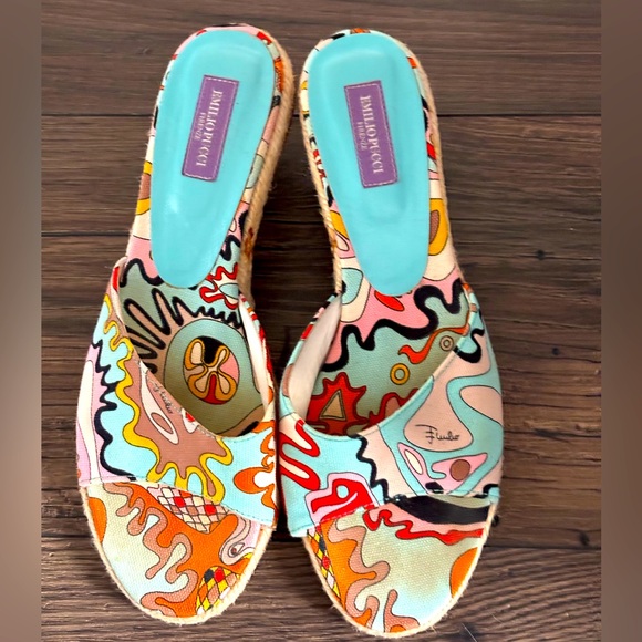 EMILIO PUCCI Multicolor Print w/ Logo Women's Kitten Heel Sandals - Size 7 - Picture 2 of 9
